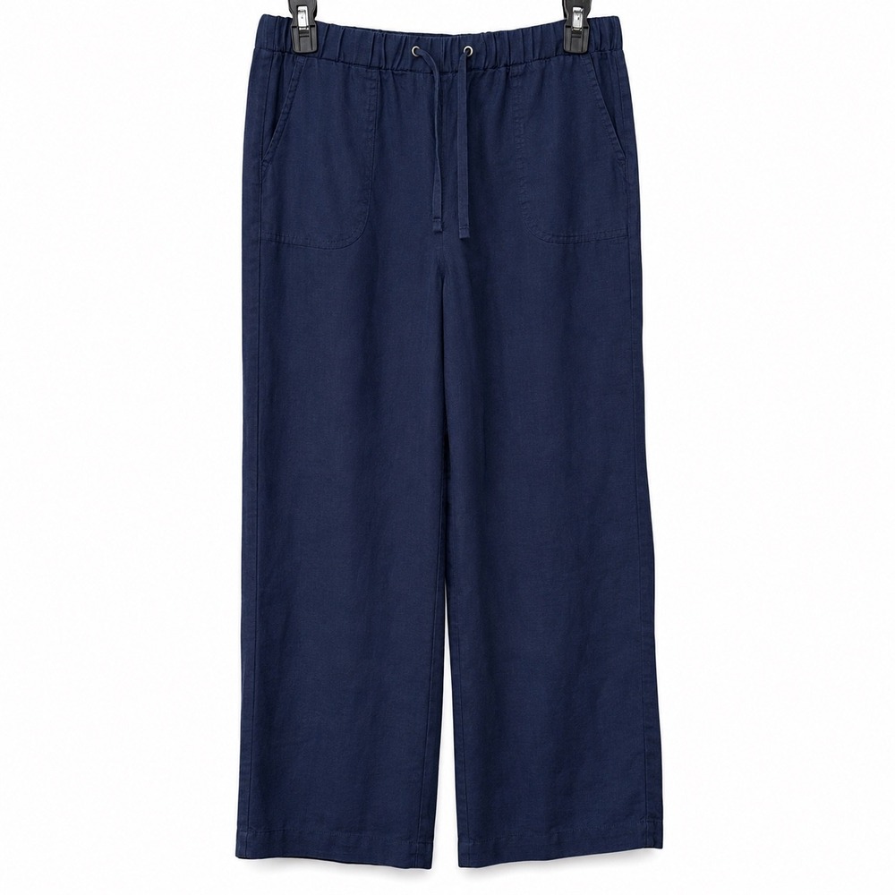M&S Collection Womens 14 Wide Leg Pants Navy Blue 100% Linen Minimalist Coastal